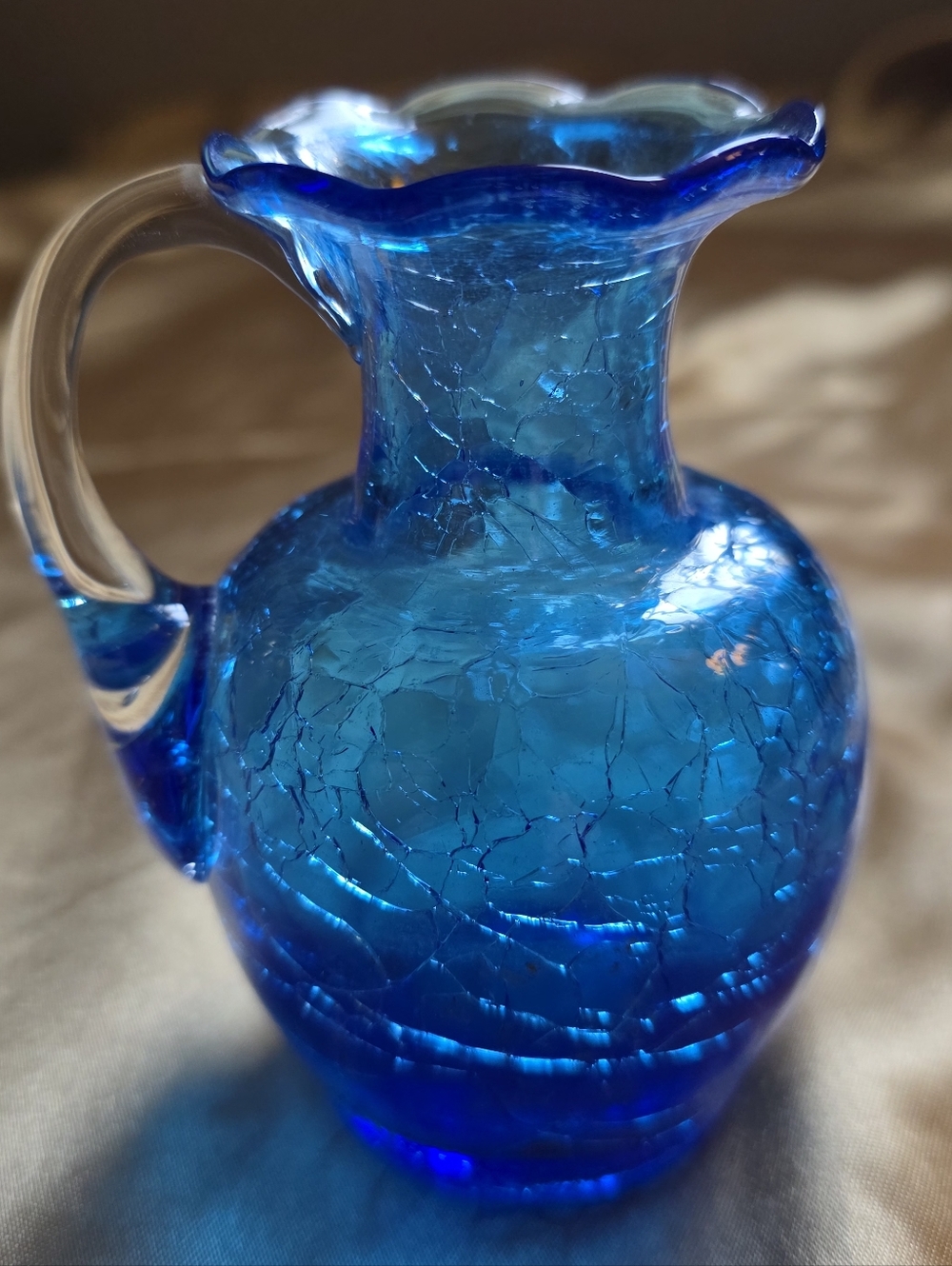 Small Vintage Hand-Blown Cobalt Blue Crackle Glass Pitcher Vase